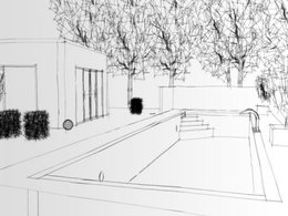 Schwarz-Weiß-Skizze von einem Pool in einem Garten